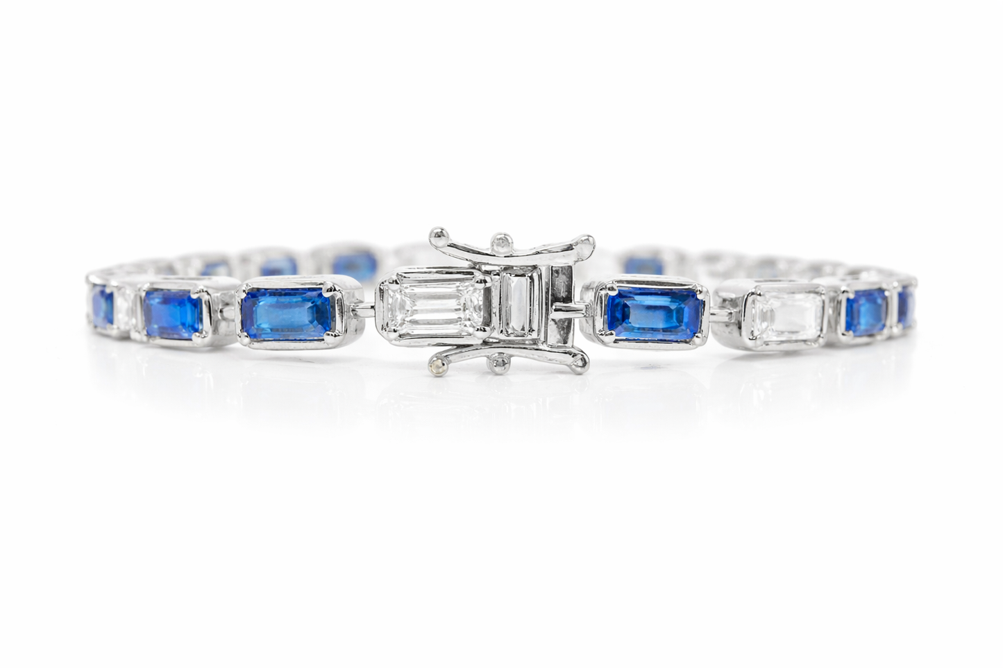 1.89CT Emerald Cut Lab Diamond 5.39CT Blue Sapphire 14K White Gold Bracelet