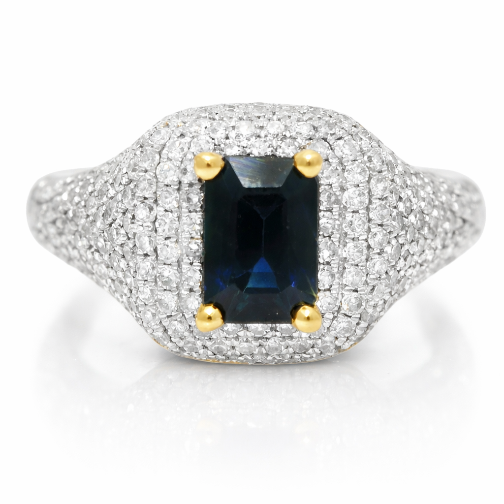 0.75CT Diamond & 0.85CT Emerald Cut Blue Sapphire Centre Stone Ring 14k Yellow Gold
