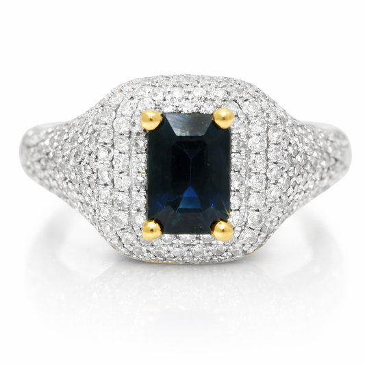 0.75CT Diamond & 0.85CT Emerald Cut Blue Sapphire Centre Stone Ring 14k Yellow Gold