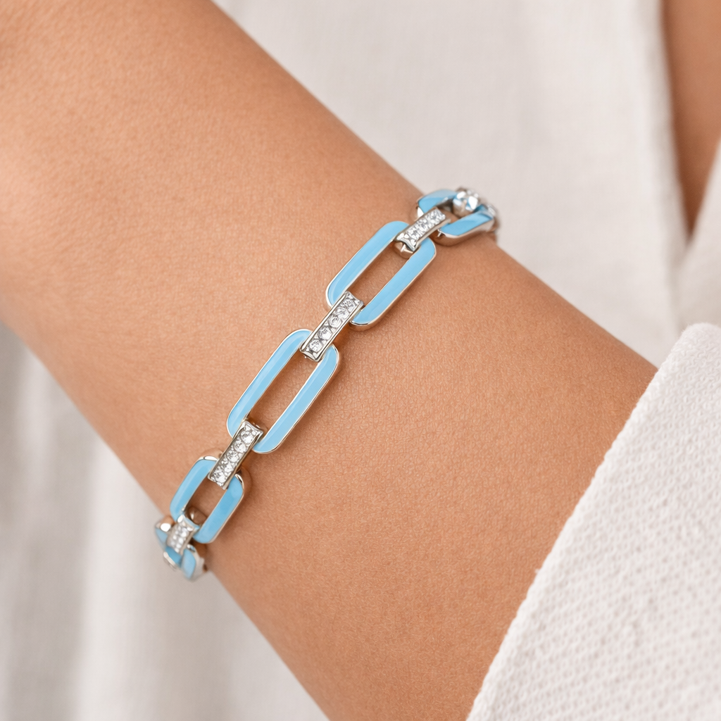 0.33CT Diamond Bracelet with Turquoise Enamel 14k White Gold