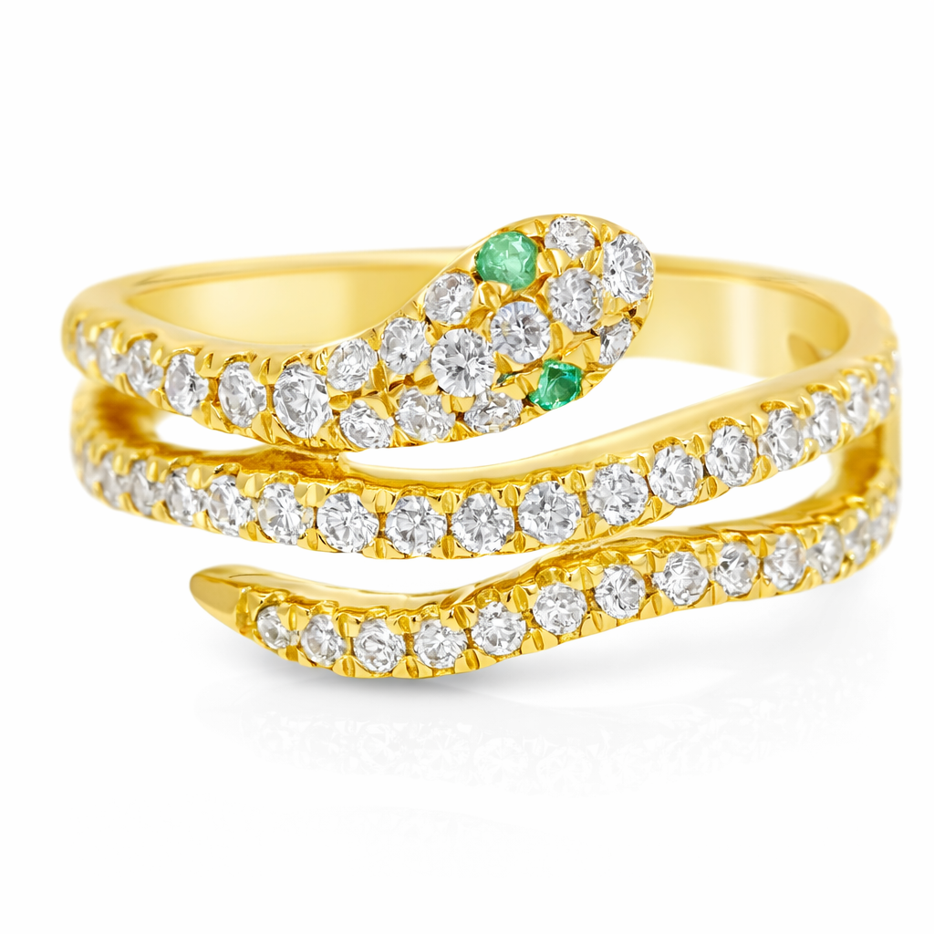 0.42CT Diamond and 0.03CT Emerald Serpent Ring 18K Yellow Gold