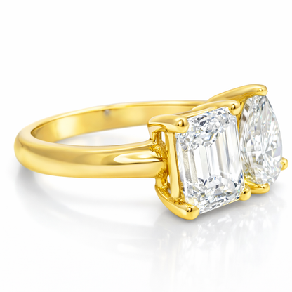1.87CT Emerald Shape 1.38CT Pear Shape Lab Diamond Ring 14k Yellow Gold
