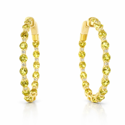0.29CT Diamond 2.99CT Yellow Sapphire HOOP 14k Yellow Gold Earring