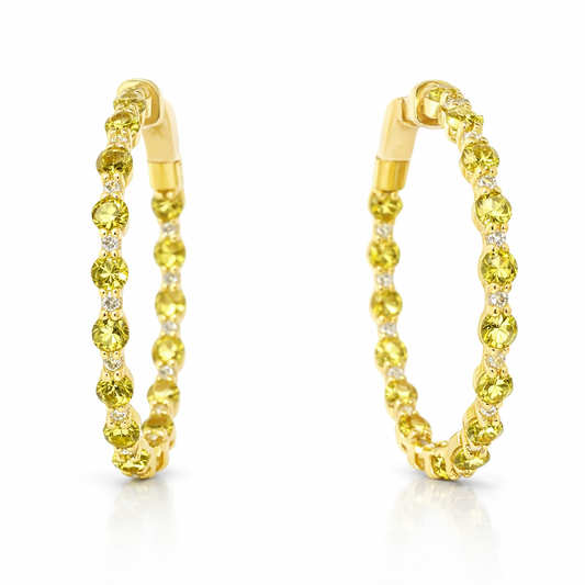 0.29CT Diamond 2.99CT Yellow Sapphire HOOP 14k Yellow Gold Earring