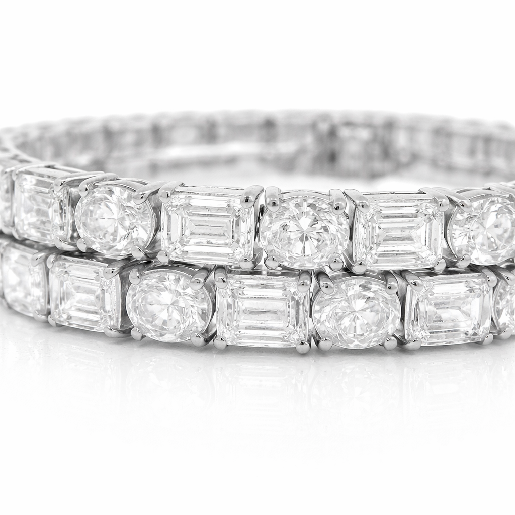 26.47CT Oval and Emerald Cut Lab Diamond 2 Row Tennis Bracelet 14K White Gold