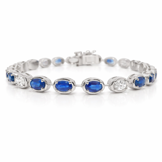 1.17CT Oval Lab Diamond 4.25CT Blue Sapphire 14K White Gold Bracelet