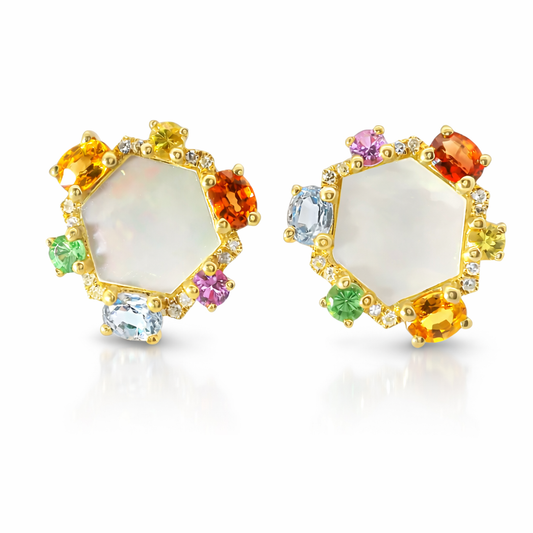 0.08CT Diamond 3.39CT Multi Sapphire 14k Yellow Gold Earring