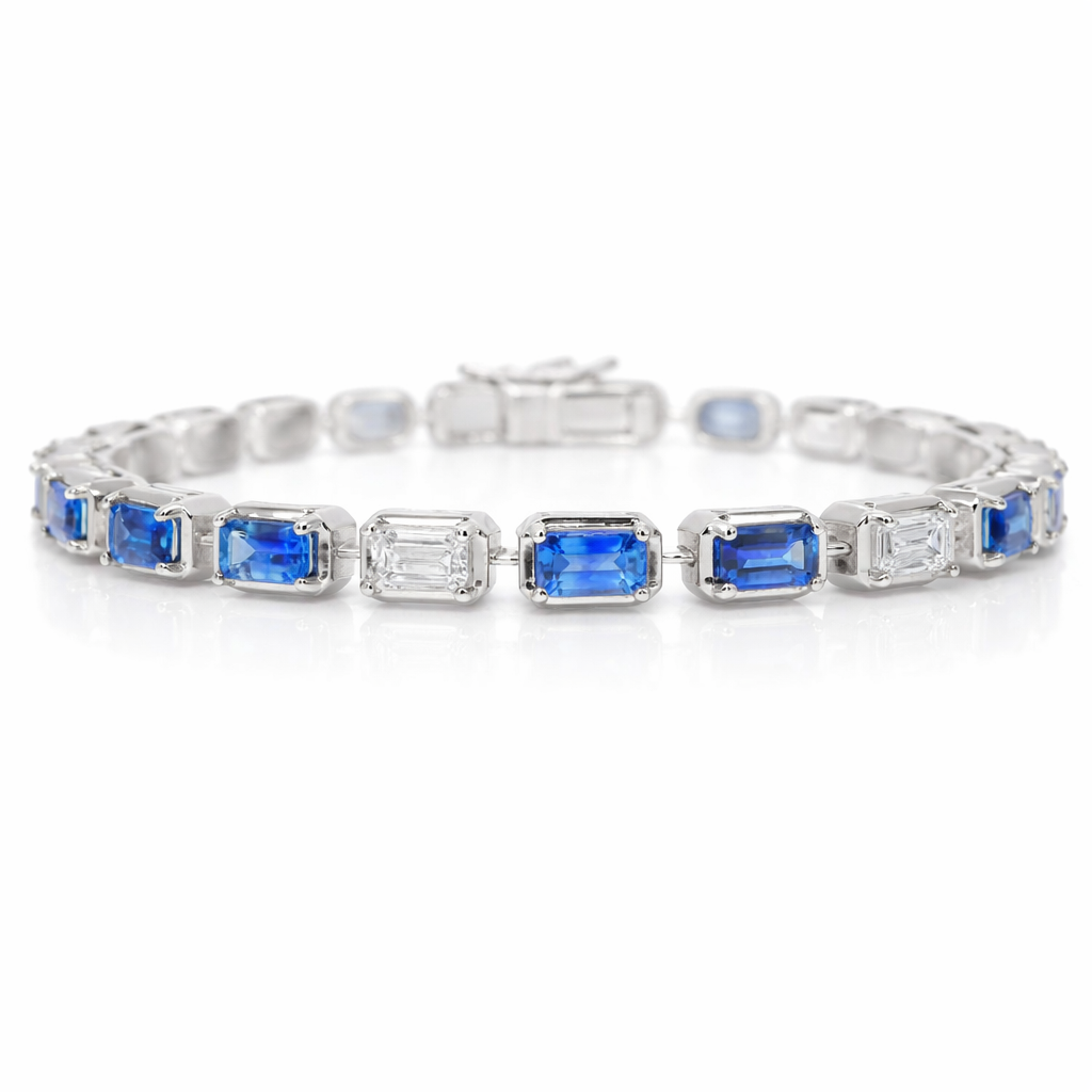1.89CT Emerald Cut Lab Diamond 5.39CT Blue Sapphire 14K White Gold Bracelet