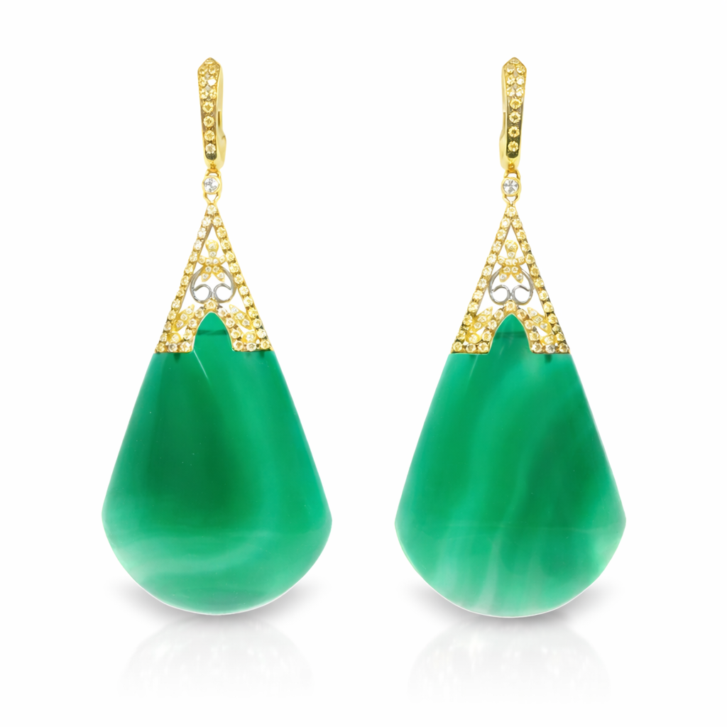 0.80CT Diamond with Green Agate Earrings 14k Yellow Gold
