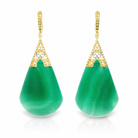 0.80CT Diamond with Green Agate Earrings 14k Yellow Gold