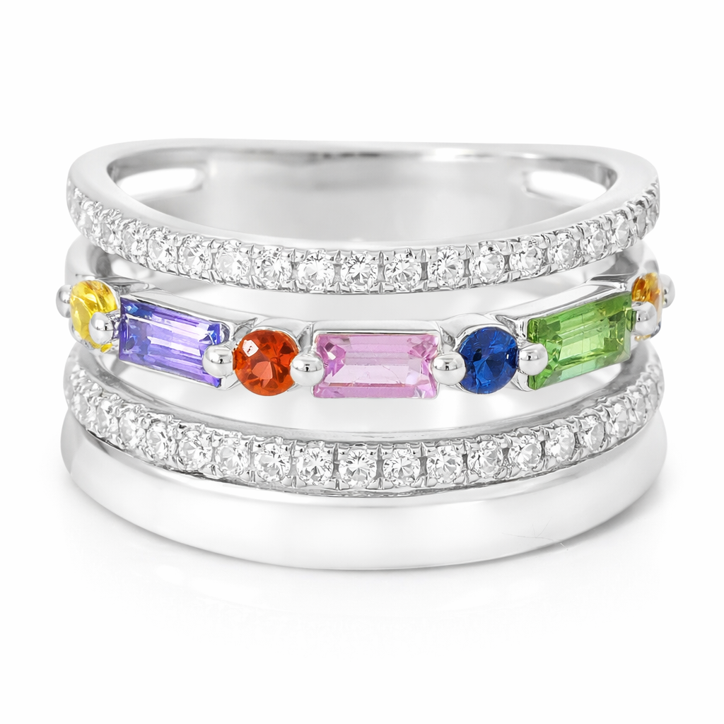 0.26CT Diamond and 0.64CT Multi Sapphire Gemstone Ring 14K White Gold