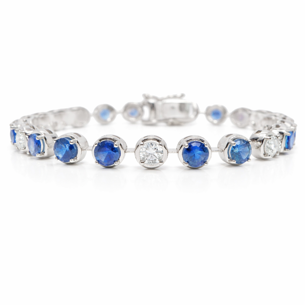 1.66CT Round Lab Diamond 5.95CT Blue Sapphire 14K White Gold Bracelet