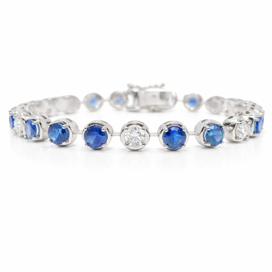 1.66CT Round Lab Diamond 5.95CT Blue Sapphire 14K White Gold Bracelet