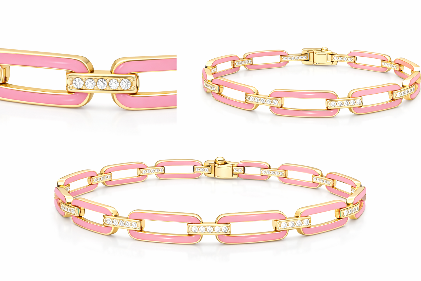 0.33CT Diamond Bracelet with Pink Enamel 14k Yellow Gold