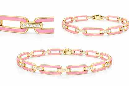 0.33CT Diamond Bracelet with Pink Enamel 14k Yellow Gold
