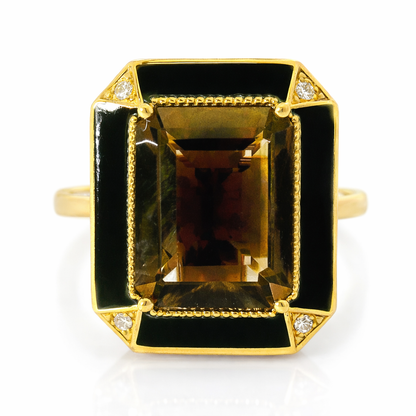 0.03CT Diamond and 3.56CT Emerald Cut Smokey Quartz Ring 14K Yellow Gold
