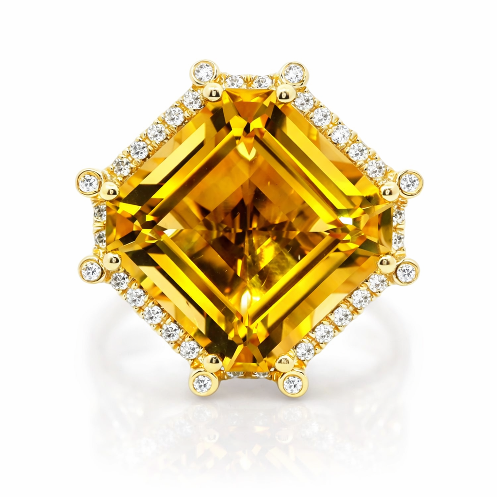 0.38CT Diamond 12.97CT Citrine Ring 14k Yellow Gold