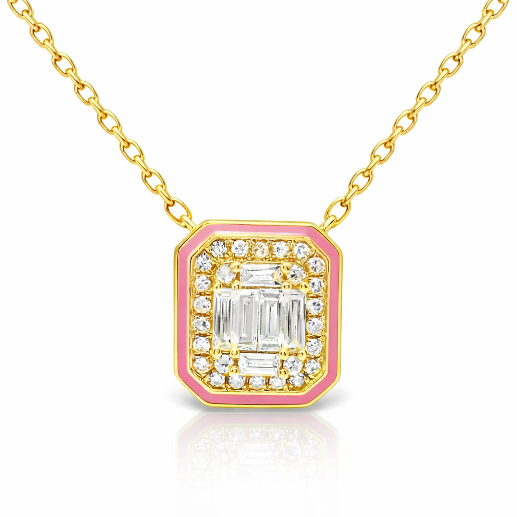 0.29CT Diamond Pendant with Pink Enamel 14k Yellow Gold