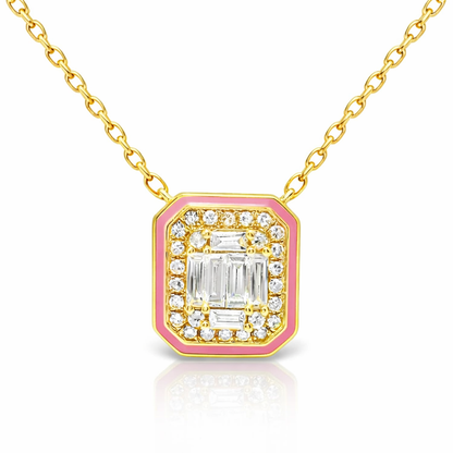 0.29CT Diamond Pendant with Pink Enamel 14k Yellow Gold