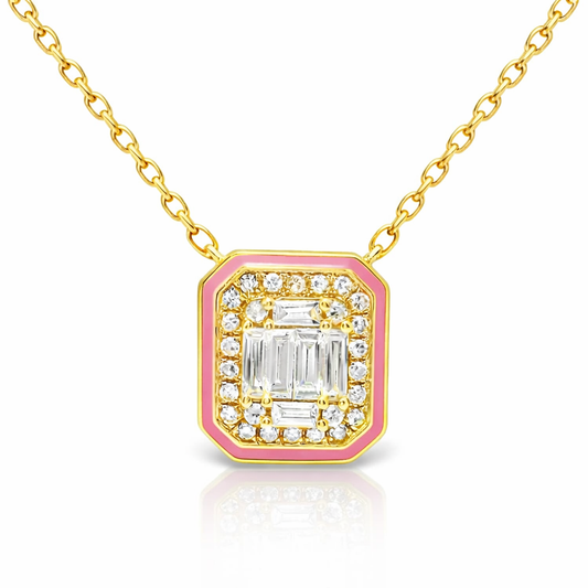 0.29CT Diamond Pendant with Pink Enamel 14k Yellow Gold