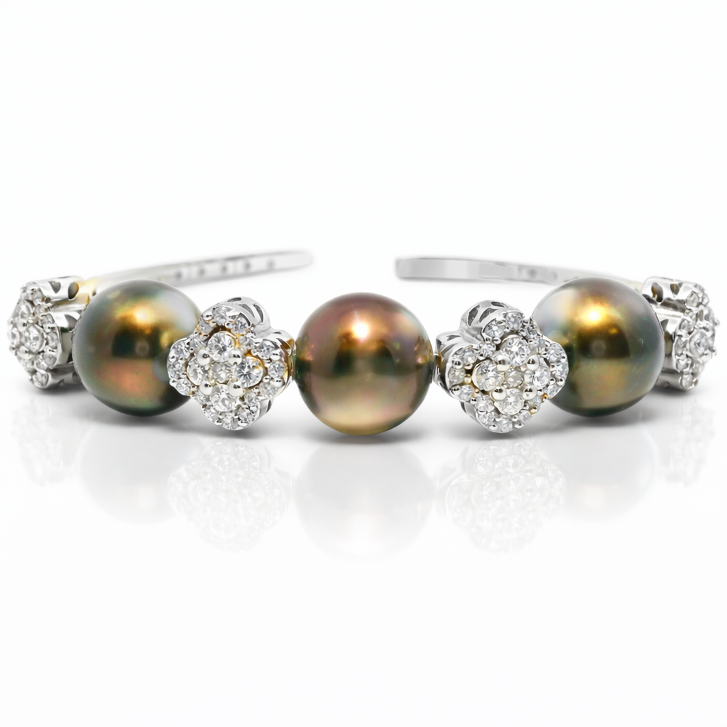 1.54CT Diamond with Brown Pearls Bangles 14k White Gold
