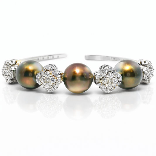 1.54CT Diamond with Brown Pearls Bangles 14k White Gold