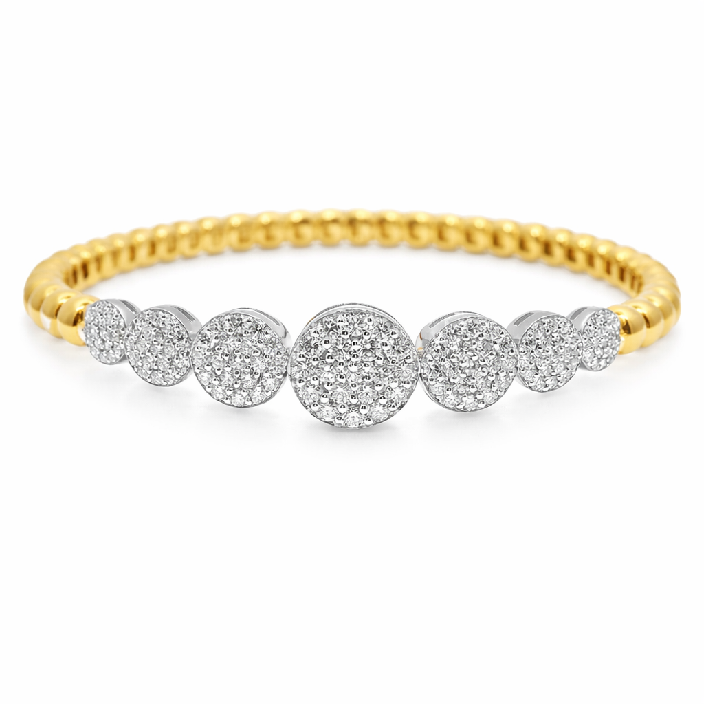 1.59CT Graduated Diamond disk Plain Beads Stretch Bangle 14k Yellow Gold