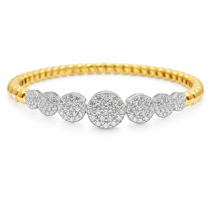 1.59CT Graduated Diamond disk Plain Beads Stretch Bangle 14k Yellow Gold