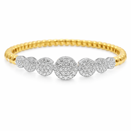 1.59CT Graduated Diamond disk Plain Beads Stretch Bangle 14k Yellow Gold