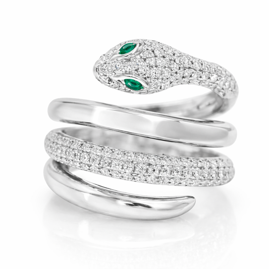 0.64CT Round Cut Diamonds .03CT Emerald Serpent Ring 14K Gold