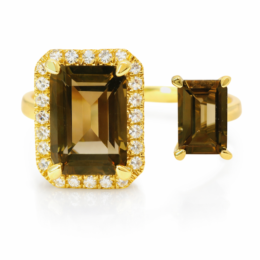 0.12CT Diamond and 2.16CT Emerald Cut Smokey Quartz Ring 14K Yellow Gold