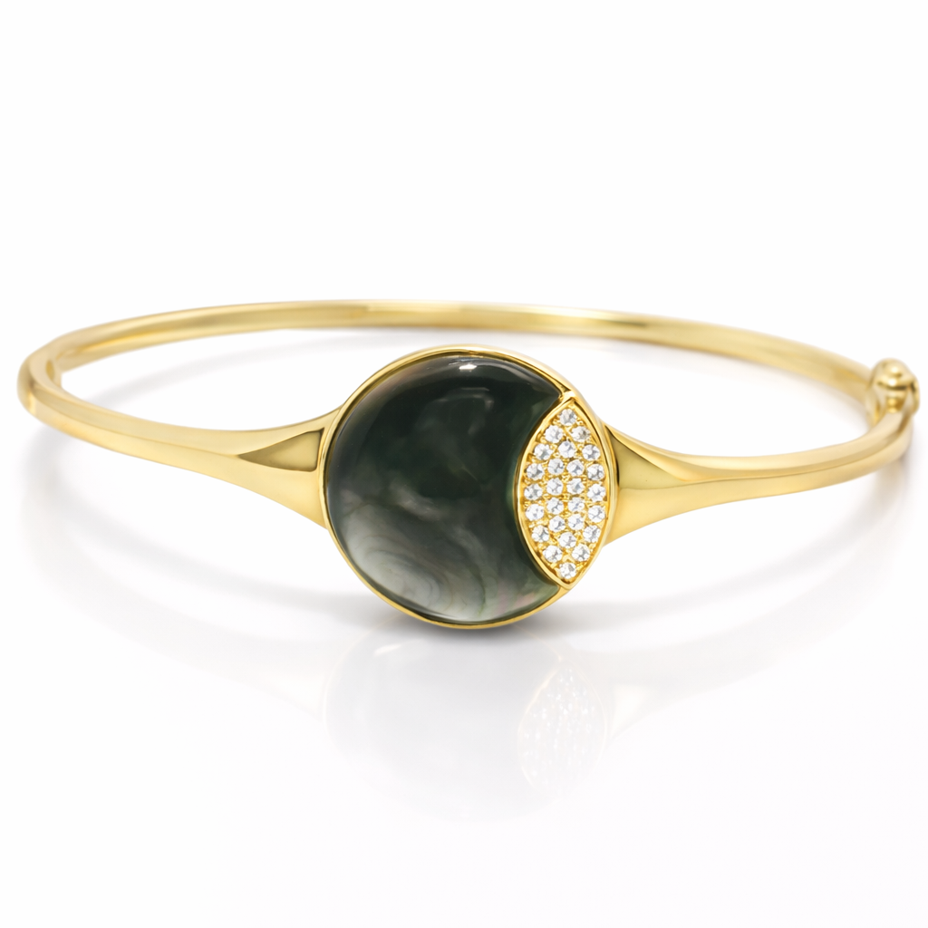 0.08Ct Diamond 3.54Ct Black Mother of Pearl Bangle 14k Yellow Gold