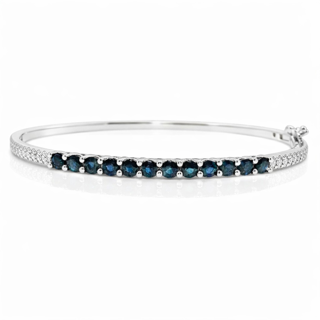0.26CT Diamond 1.50CT Blue Sapphire Bangle 14k White Gold
