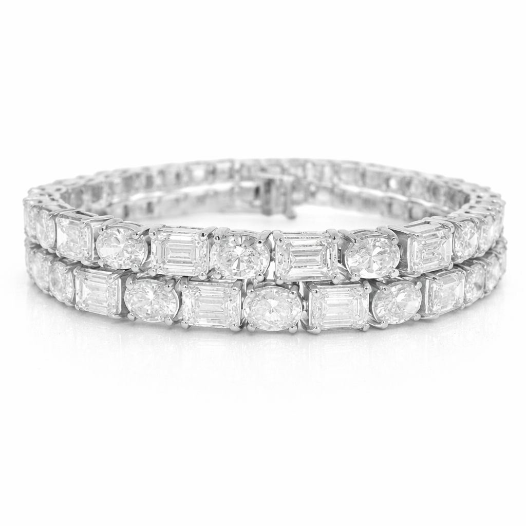 26.47CT Oval and Emerald Cut Lab Diamond 2 Row Tennis Bracelet 14K White Gold