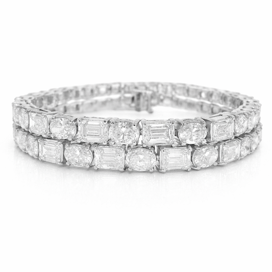 26.47CT Oval and Emerald Cut Lab Diamond 2 Row Tennis Bracelet 14K White Gold