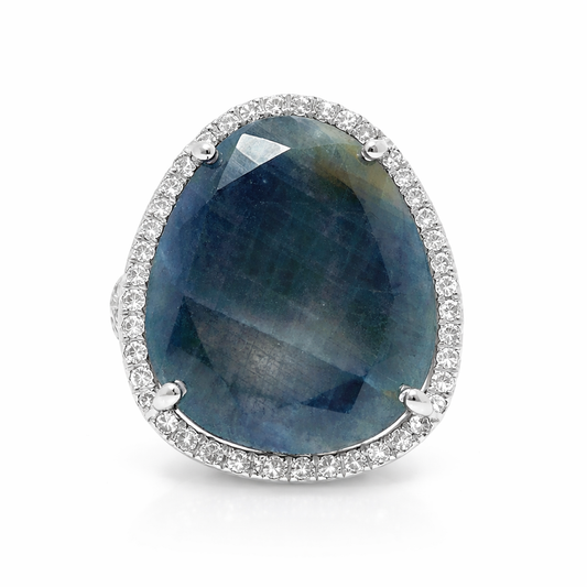 0.29CT Diamond 12.33CT Blue Sapphire Ring 14k White Gold