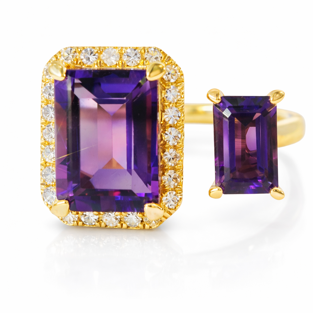 0.12CT Diamond and 2.34CT Emerald Cut Purple Amethyst Ring 14K Yellow Gold