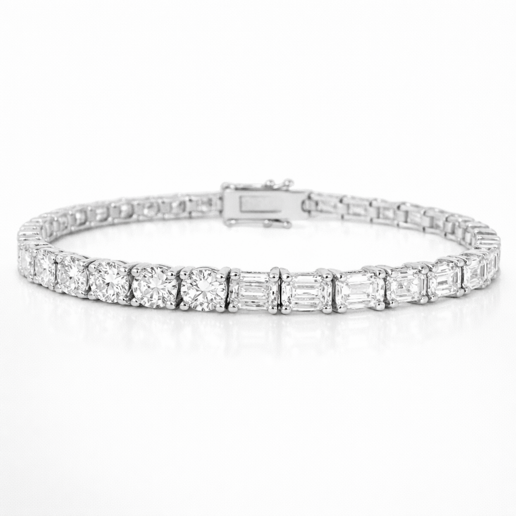 10.39CT Emerald and Round Cut Lab Diamond 4 Prong Tennis Bracelet 14k White Gold