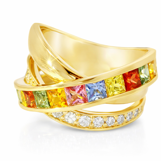 0.17CT Diamond and 1.81CT Mixed Sapphire Gemstone Ring 14K Yellow Gold