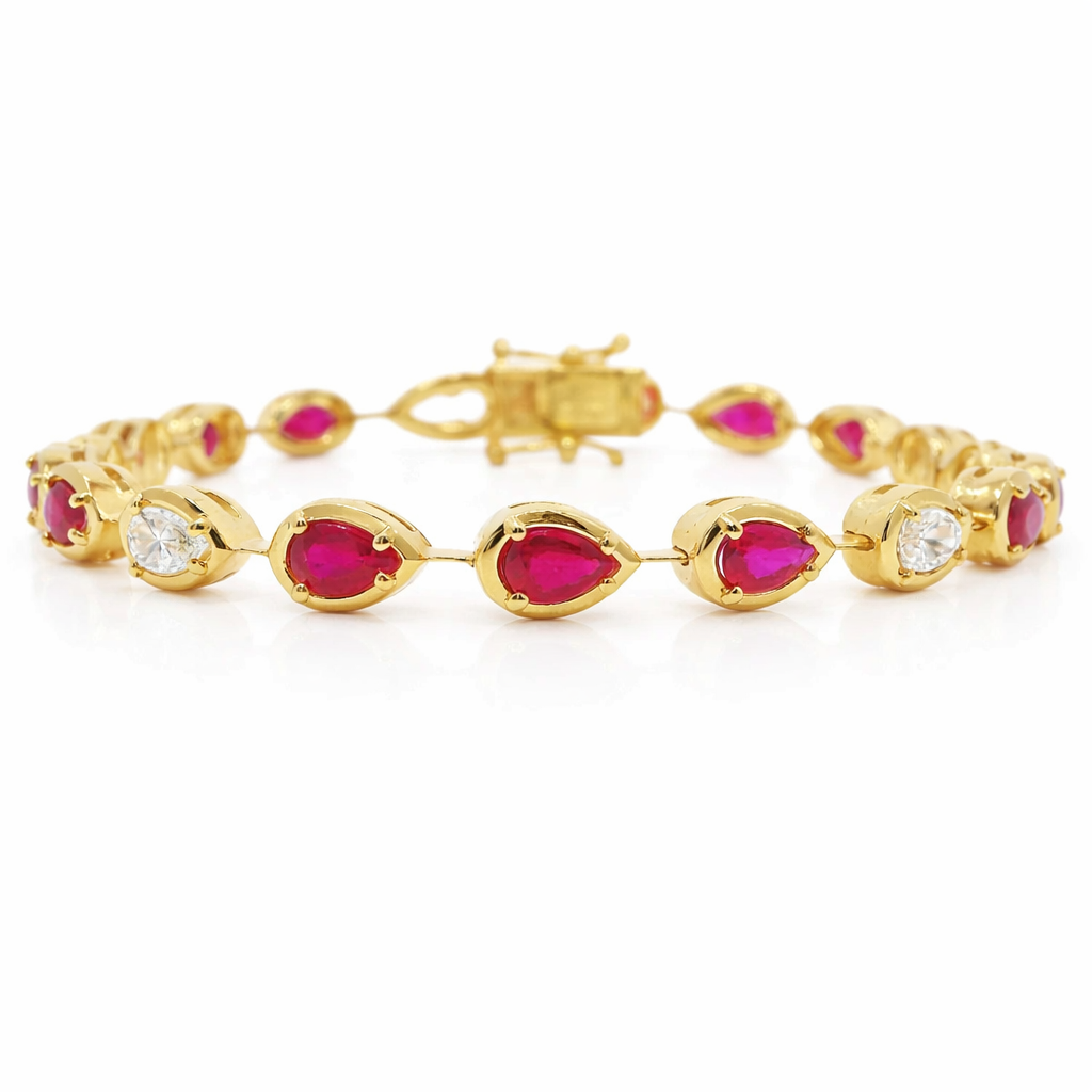 0.92CT Pear Shape Lab Diamond 3.07CT Ruby 14K Yellow Gold Bracelet