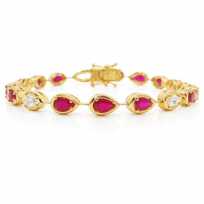 0.92CT Pear Shape Lab Diamond 3.07CT Ruby 14K Yellow Gold Bracelet
