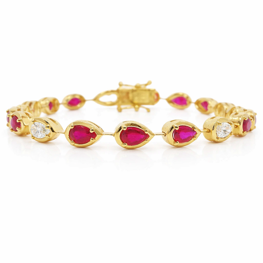 0.92CT Pear Shape Lab Diamond 3.07CT Ruby 14K Yellow Gold Bracelet