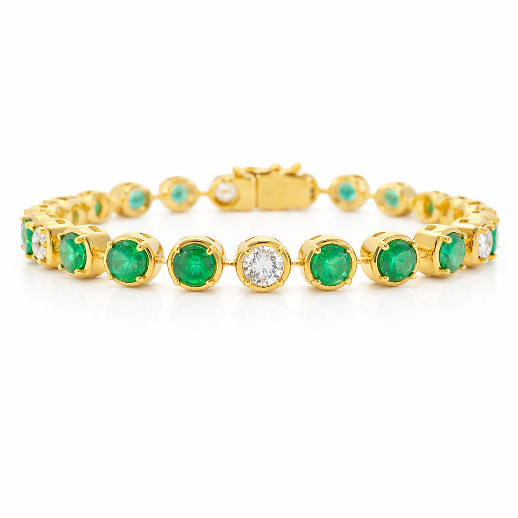 1.67CT Round Lab Diamond 3.59CT Emerald 14K Yellow Gold Bracelet