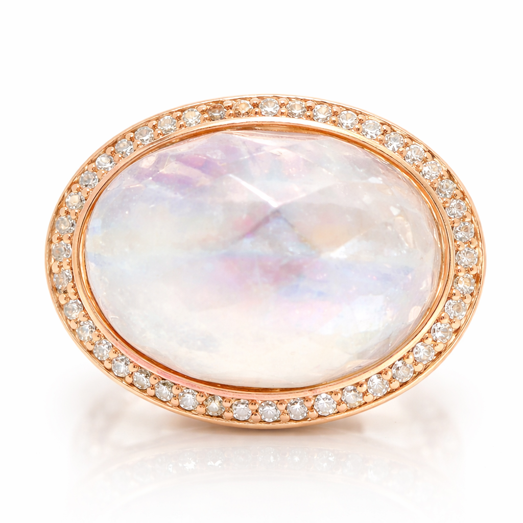 0.44CT Diamond 15.00CT Faceted Rainbow Moon Quartz 14k Rose Gold