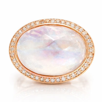 0.44CT Diamond 15.00CT Faceted Rainbow Moon Quartz 14k Rose Gold
