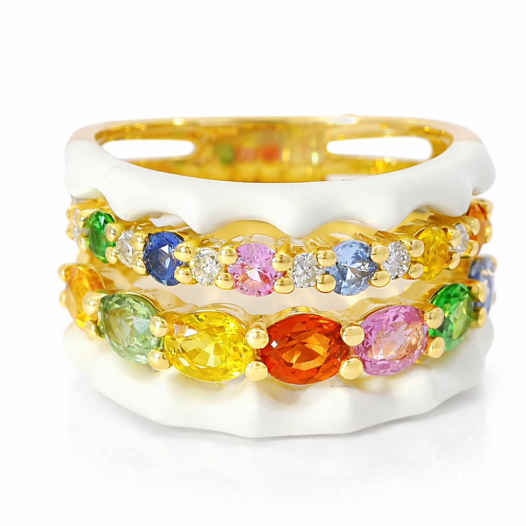 0.13CT Diamond and 0.25CT Multi Sapphire with White Enamel 14K Yellow Gold