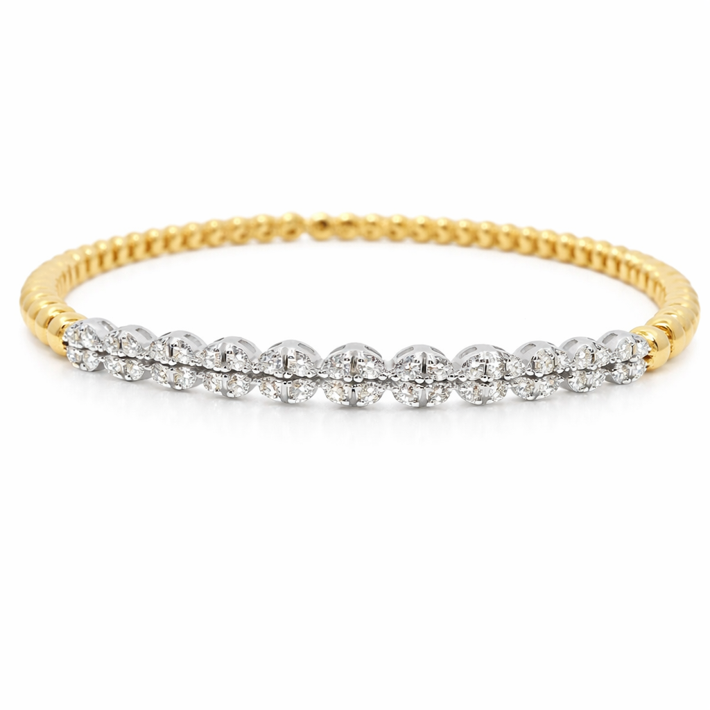 0.60CT Diamond 4 Stone Cluster ID Plain Beads Stretch Bangle 14k Yellow Gold