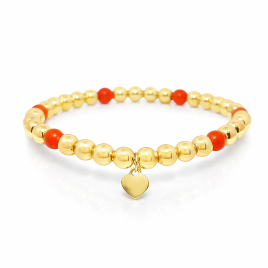 Plain Beaded with Corallo 14k Yellow Gold Bangle