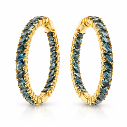 0.36CT Diamond 10.31CT Blue Sapphire HOOP 14k Yellow Gold  Earring