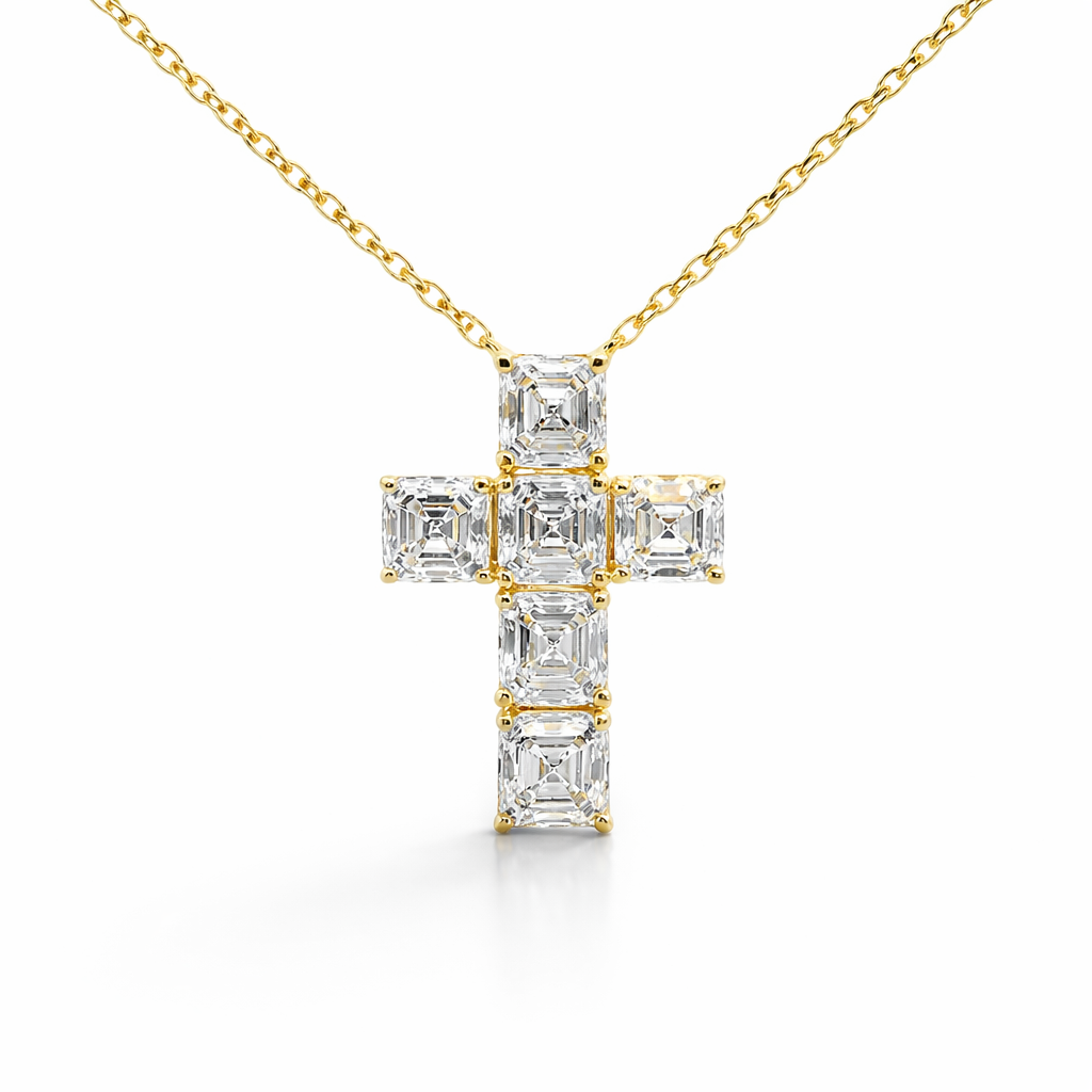 3.12CT Lab Emerald Cut  Cross Pendant 14k Gold